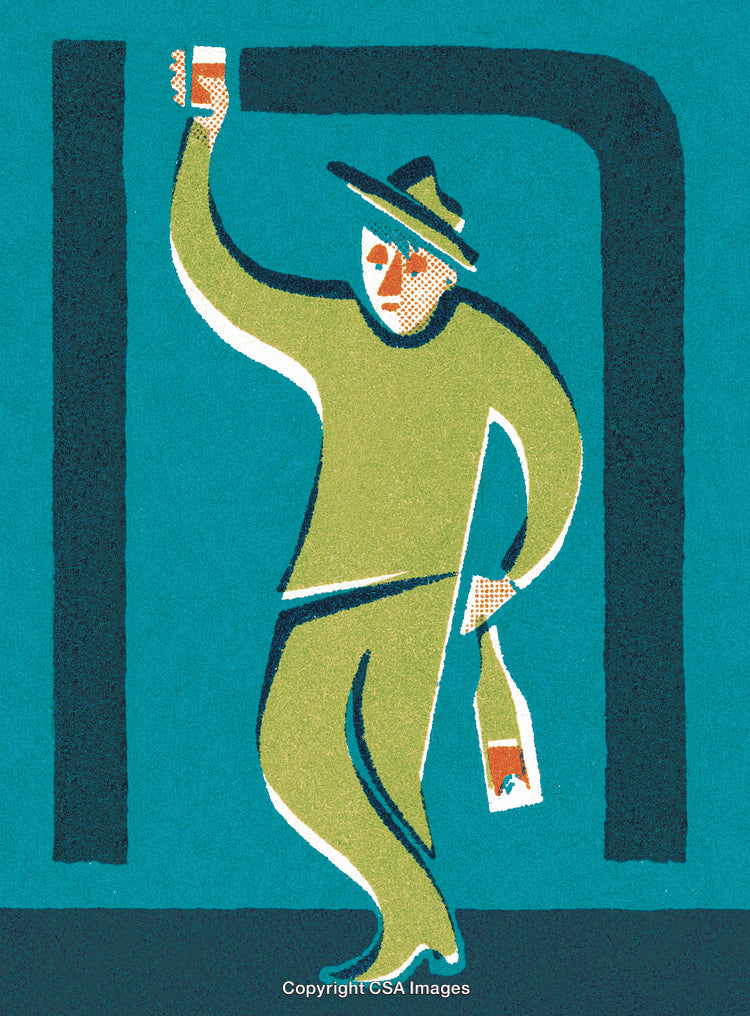 Stylized Illustration of a Man Holding a Drink and Walking