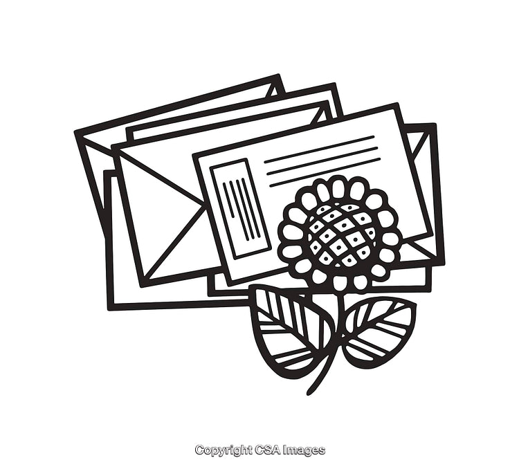 Black and White Line Art of Envelopes with Decorative Flower Design