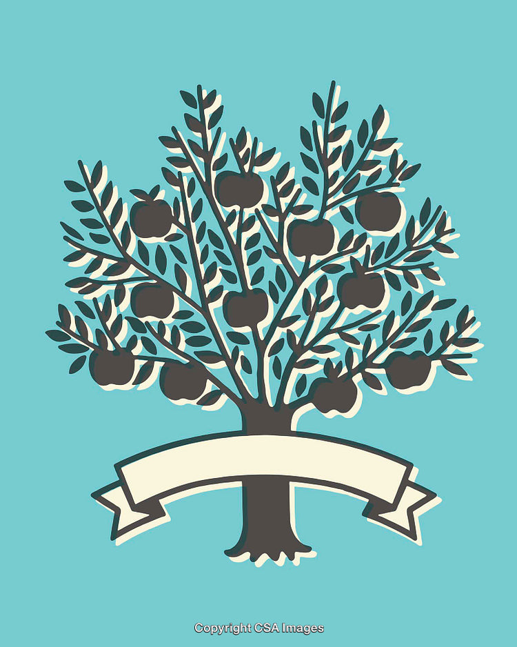 Illustration of a Tree with Apples and a Blank Banner