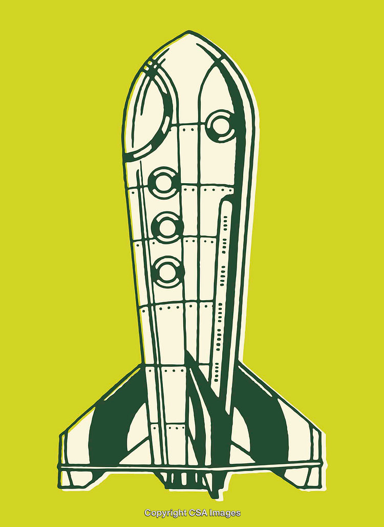 Retro Styled Space Rocket Illustration on Bright Yellow Background