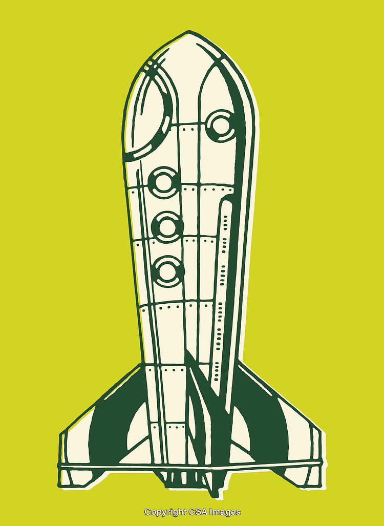 Retro Styled Space Rocket Illustration on Bright Yellow Background