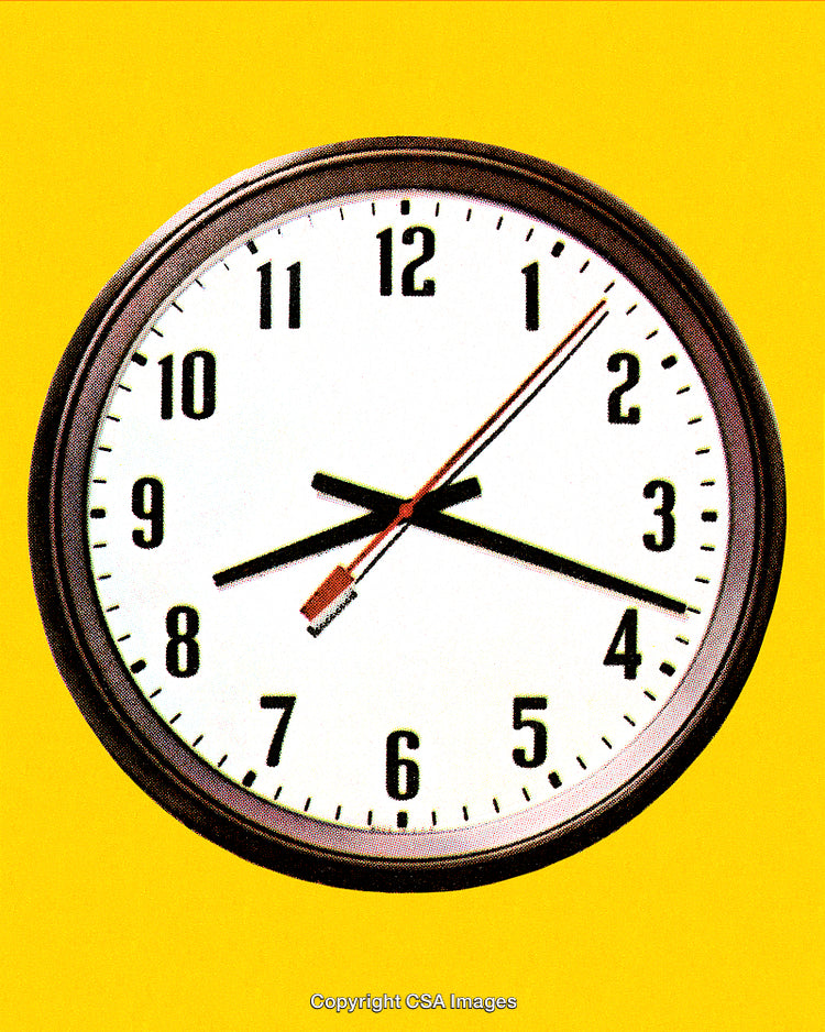 Simple Round Wall Clock Against Bright Yellow Background in Styled Pop Art Aesthetic