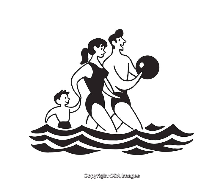 Black and White Illustration of a Family Relaxing in the Water