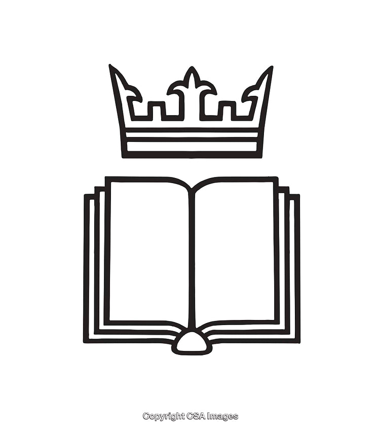 Black and White Line Art of an Open Book with a Crown