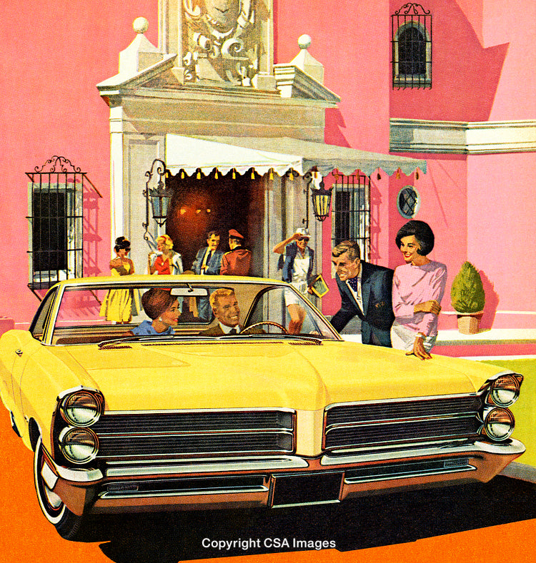 Vintage Illustration of People Enjoying a Convertible Car Outside a Luxury Hotel
