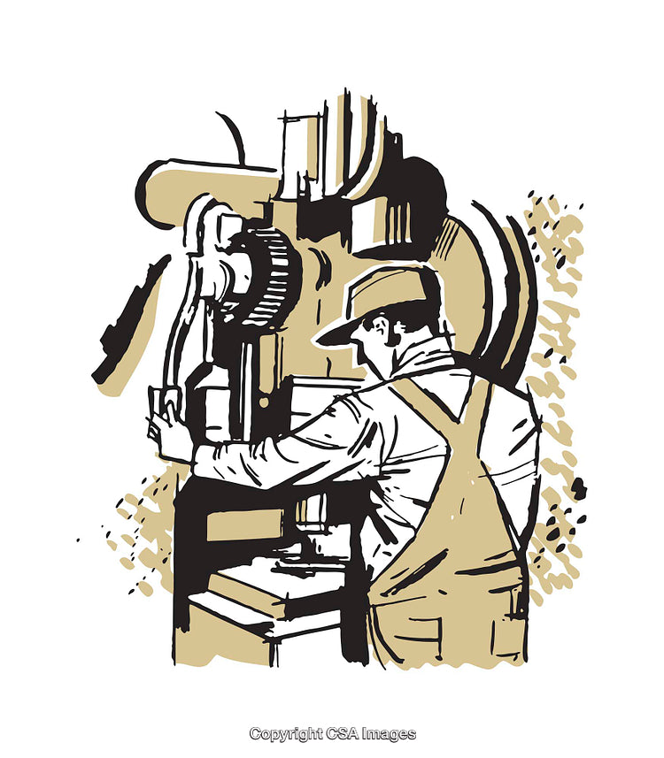 Vintage Worker Operating Industrial Machine in Retro Color Illustration