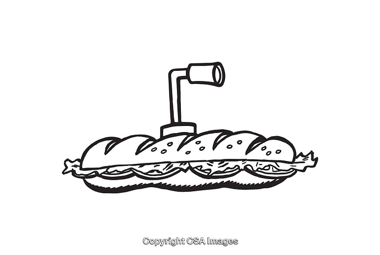 Black and White Line Art Illustration of a Sandwich with Toppings