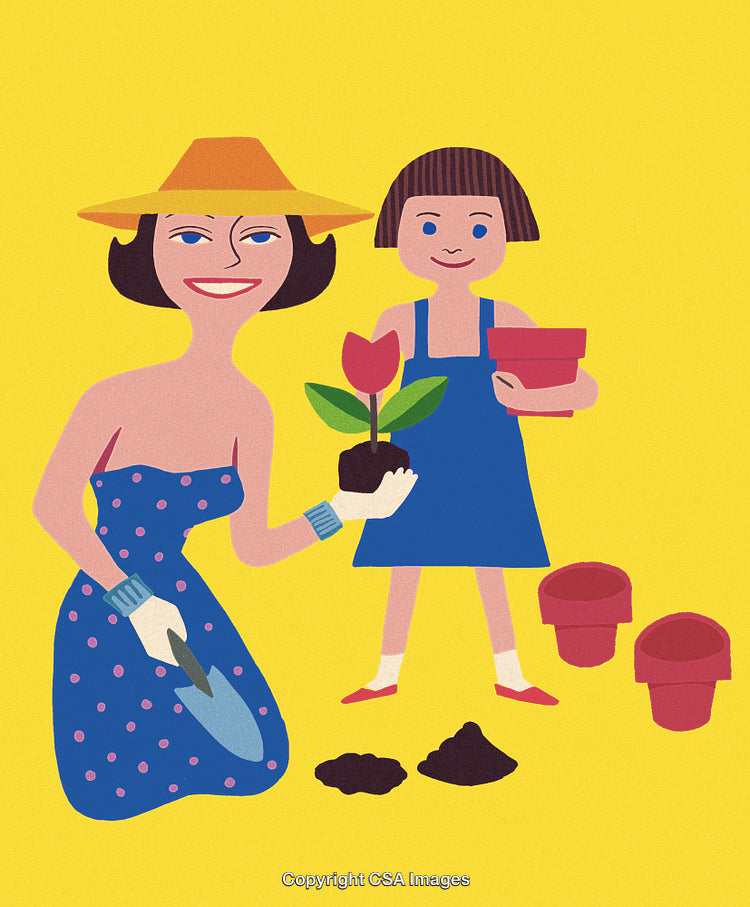 Smiling Mother and Daughter Planting a Tulip Together on a Bright Day