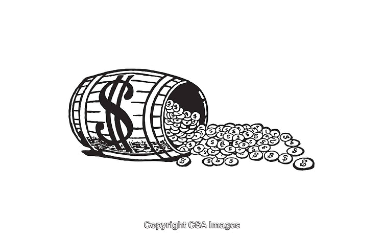 Black and White Line Art Illustration of Cash Barrel and Coins Overflowing
