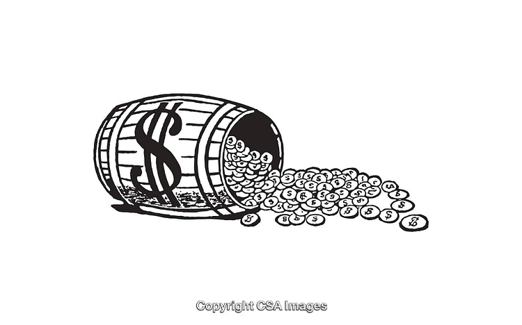 Black and White Line Art Illustration of Cash Barrel and Coins Overflowing