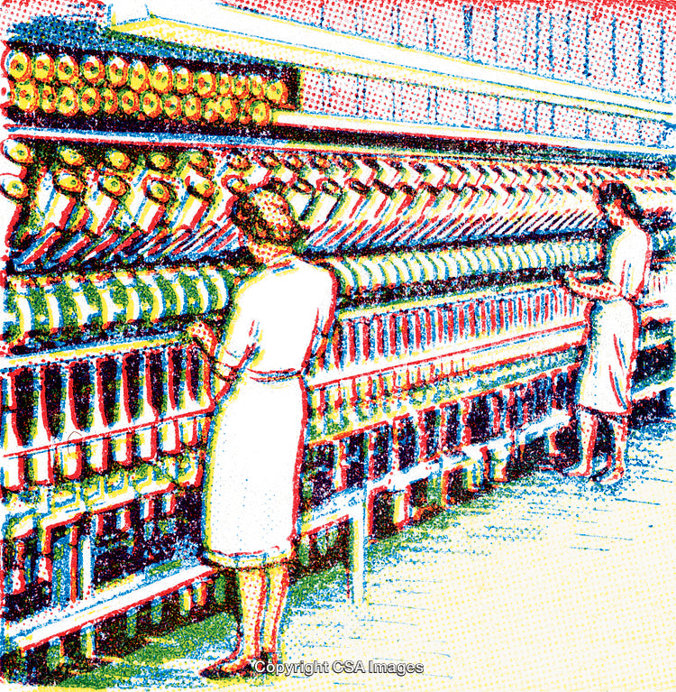 Vintage Illustration of Women Working at Textile Spinning Machines in a Factory