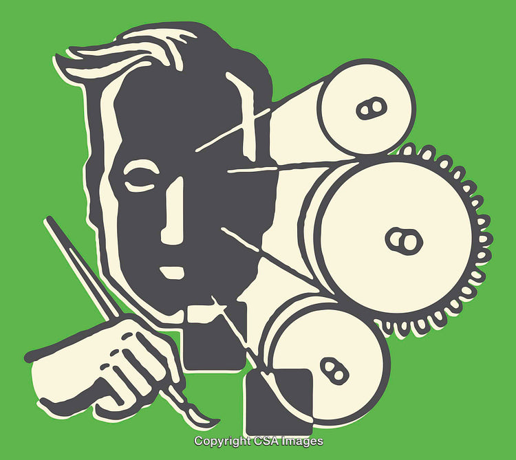 Retro Line Art Illustration of Person with Mechanical Gears and Object