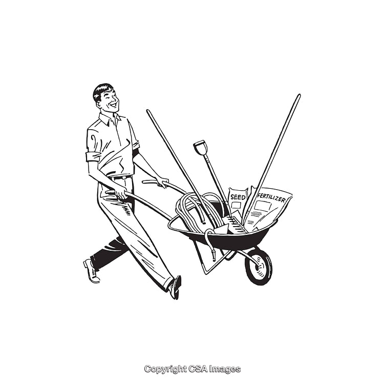 Man Pushing Wheelbarrow with Garden Tools and Supplies in Line Illustration
