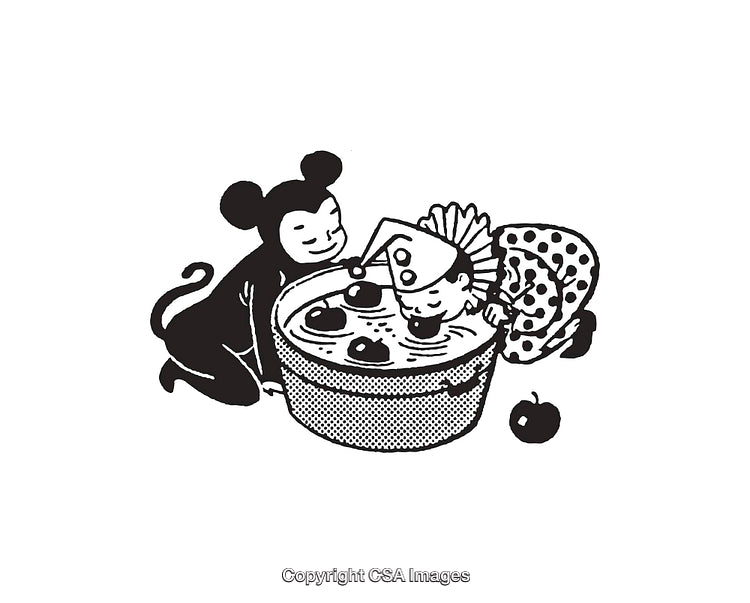 Vintage Black and White Illustration of a Traditional Halloween Celebration Scene