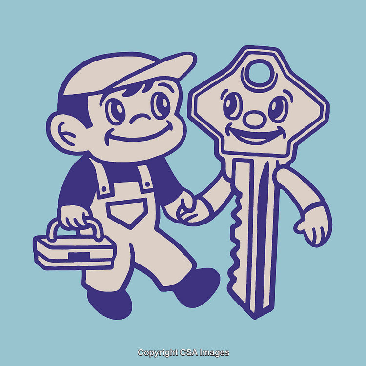 Cartoon Illustration of a Friendly Locksmith and Smiling Key in Blue