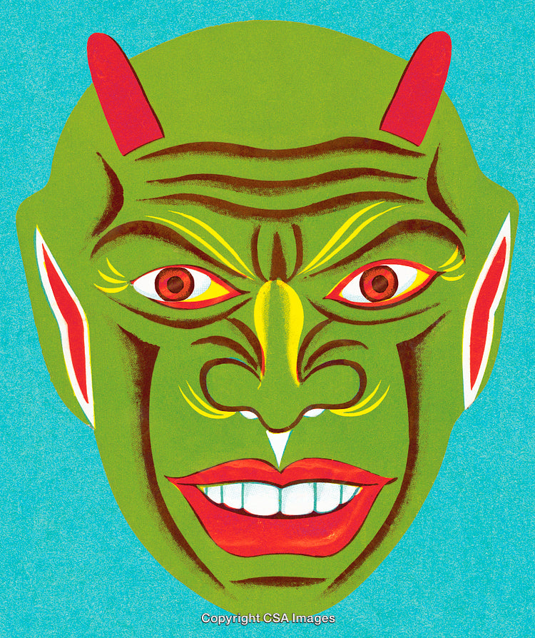 Green Devil Mask Illustration with Bright Colors and Detailed Facial Features