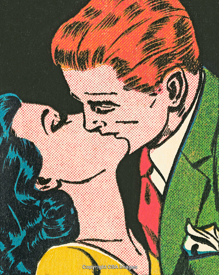 Vintage Comic-Style Illustration of a Romantic Couple Sharing a Passionate Moment