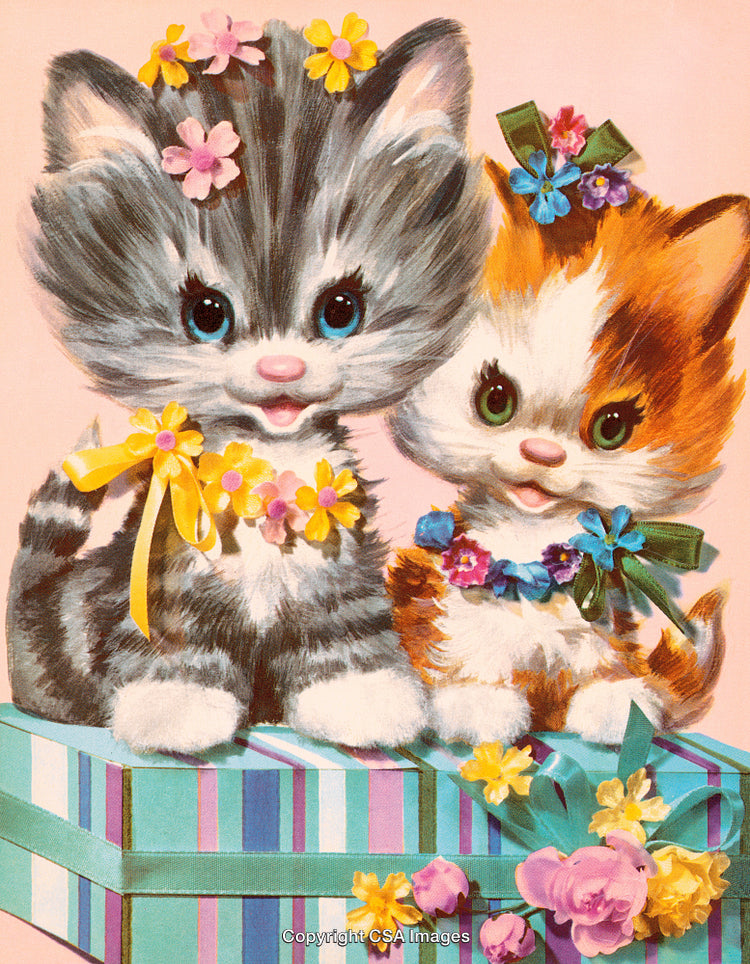 Adorable Illustrated Kittens with Floral Decorations Sitting on Gift Box