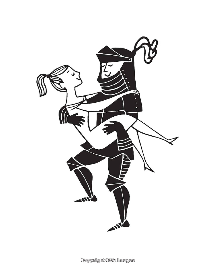 Playful Black and White Artwork Featuring a Romantic Knight Embrace