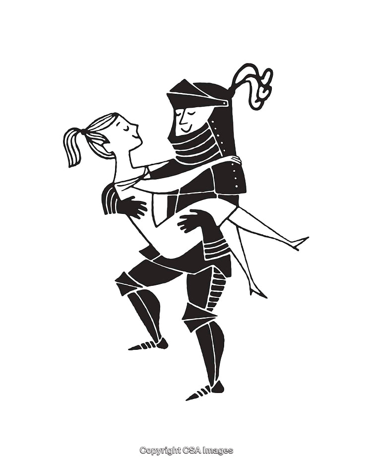 Playful Black and White Artwork Featuring a Romantic Knight Embrace