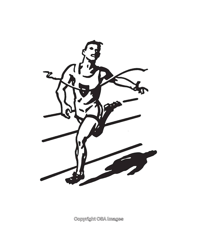 Black and White Line Art of a Runner Crossing the Finish Line