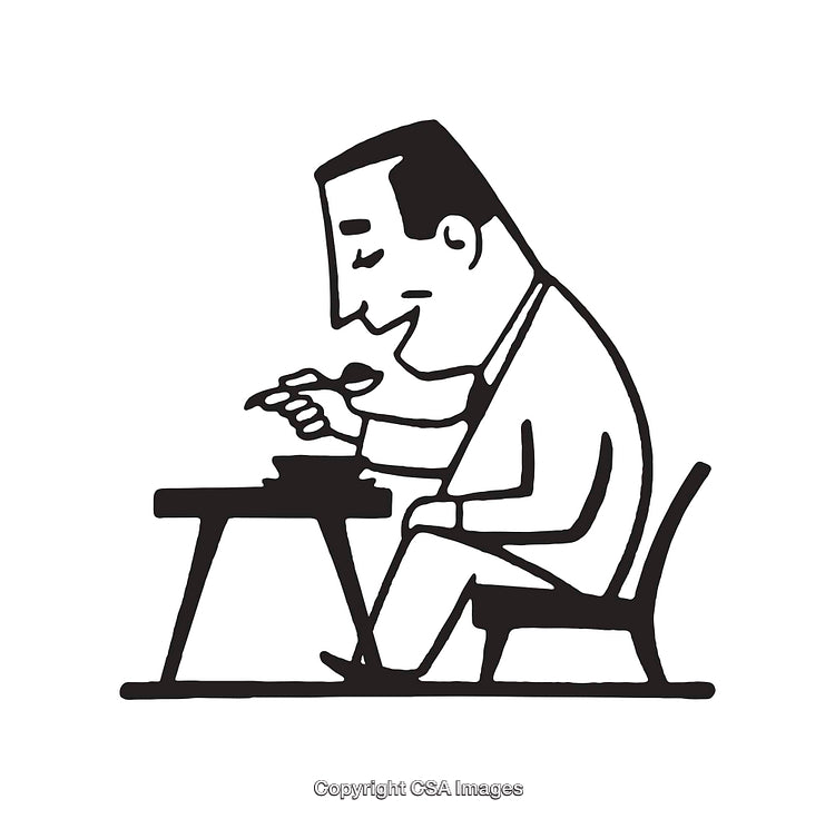 Black And White Illustration of a Man Eating At a Small Table