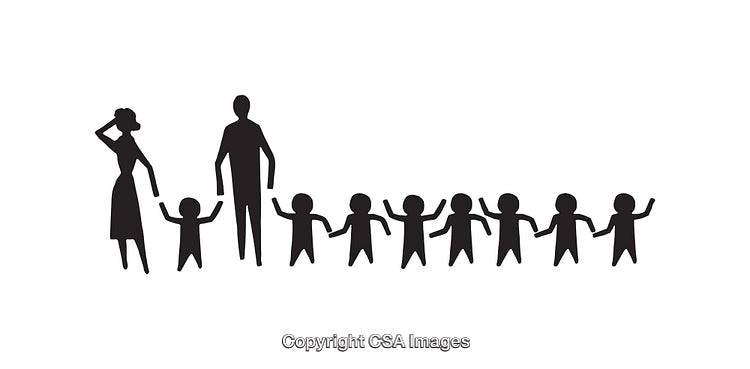 Silhouette Illustration of a Family with Multiple Children in Minimalist Style