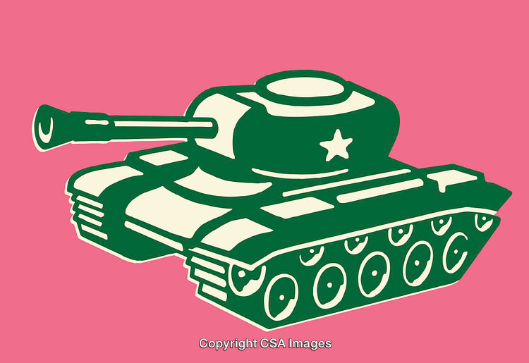 Colorful Stylized Drawing of a Military Tank on Pink Background