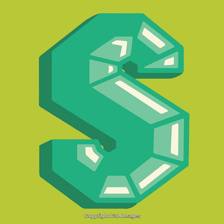 Stylized Green Letter S Design with Shiny Faceted Effects on Bright Background