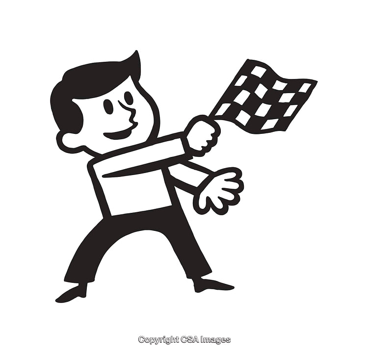Black and White Line Art of Character Waving Checkered Flag
