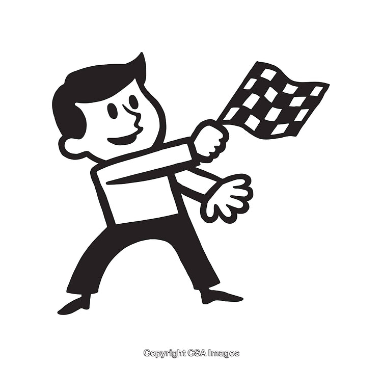 Black and White Line Art of Character Waving Checkered Flag