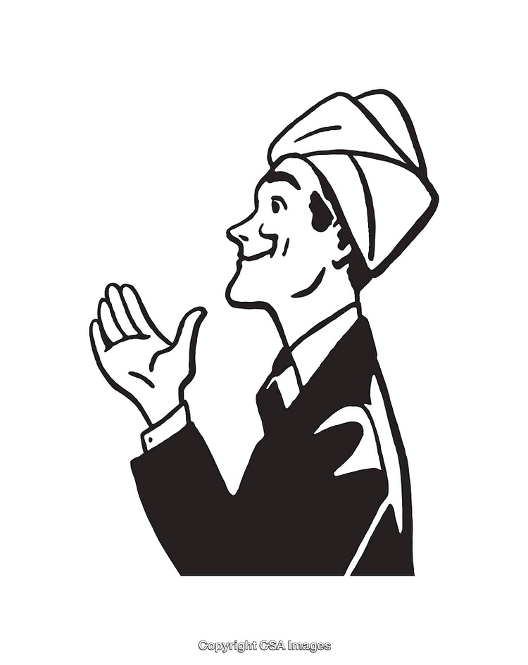 Black and White Illustration of a Smiling Man Gesturing with a Turban