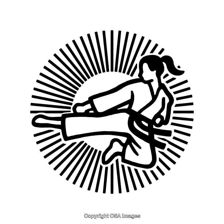 Black and White Line Art Martial Arts Kick Illustration with Sunburst