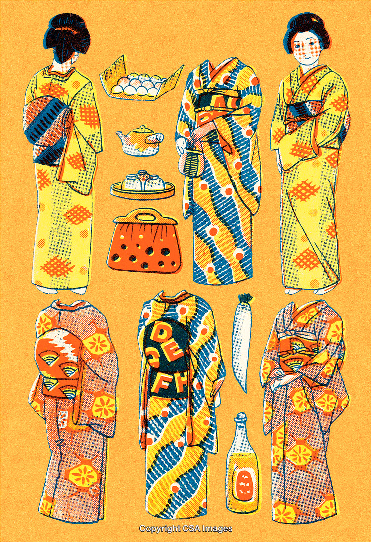 Colorful Japanese Kimono Illustrations Featuring Cultural Symbols and Traditional Designs