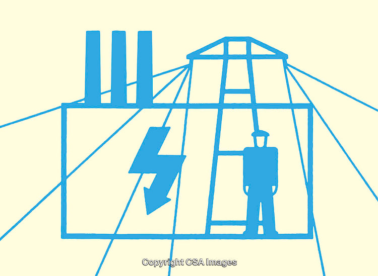 Abstract Industrial Illustration With Factory, Worker, and Zigzag Energy Symbol