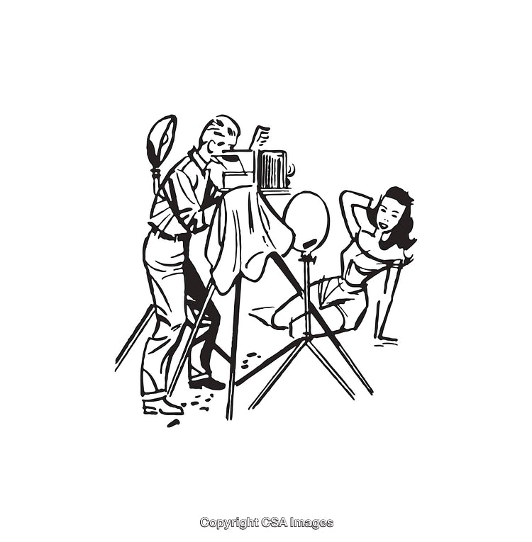 Vintage Line Art Depicting a Photographer and a Model in Studio Setting