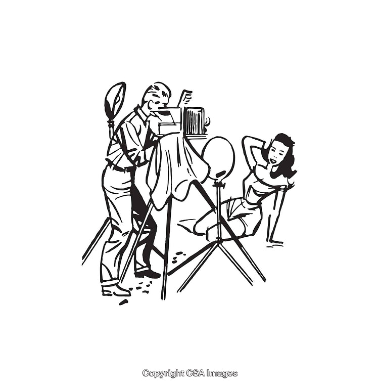 Vintage Line Art Depicting a Photographer and a Model in Studio Setting