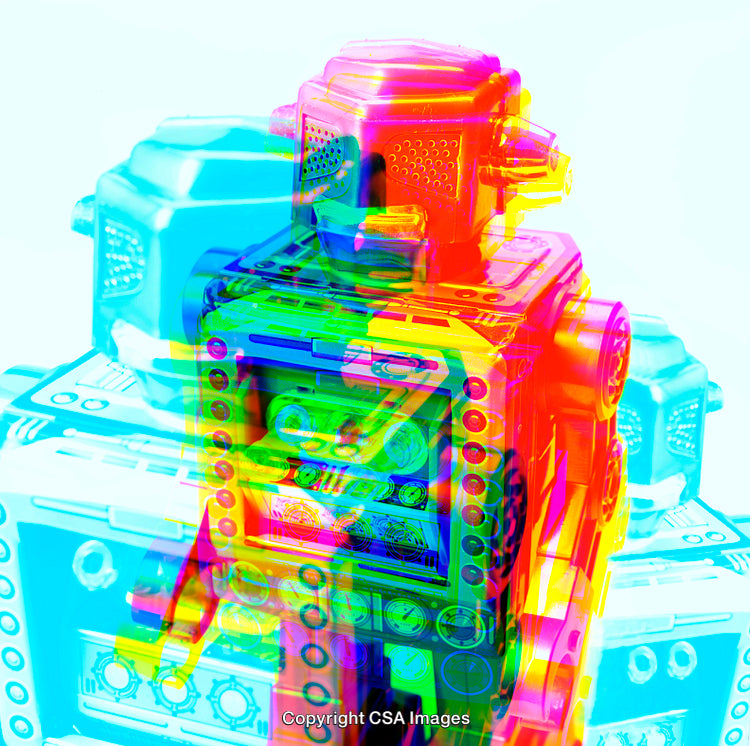 Colorful Retro Robot Toy With Vibrant Light Overlay Effects