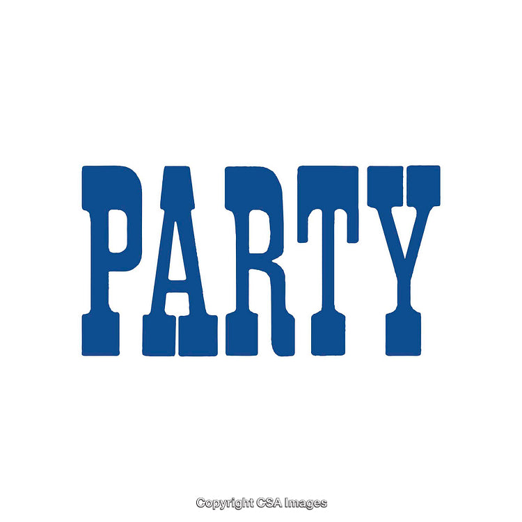 Blue "Party" Text in Bold Decorative Stylish Font on White Background