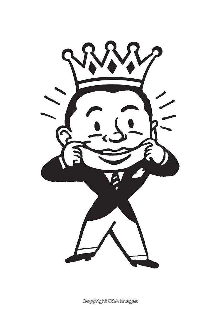 Whimsical Line Art of Crowned Character in Suit Making a Playful Gesture