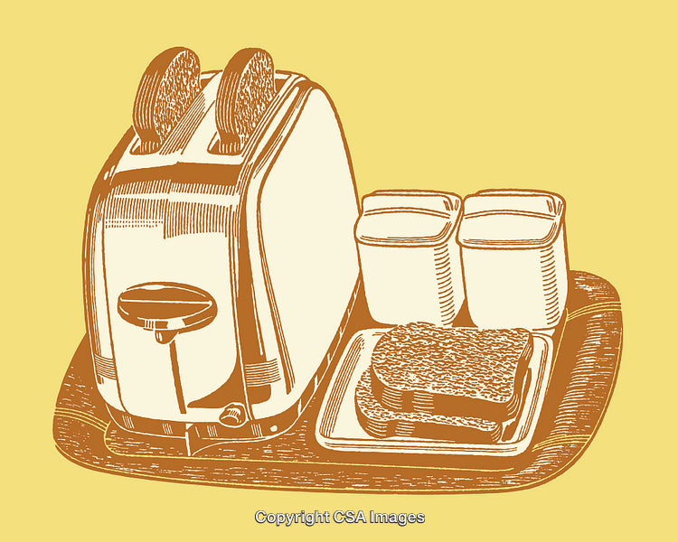 Vintage Toaster Illustration with Sliced Bread and Beverage Containers