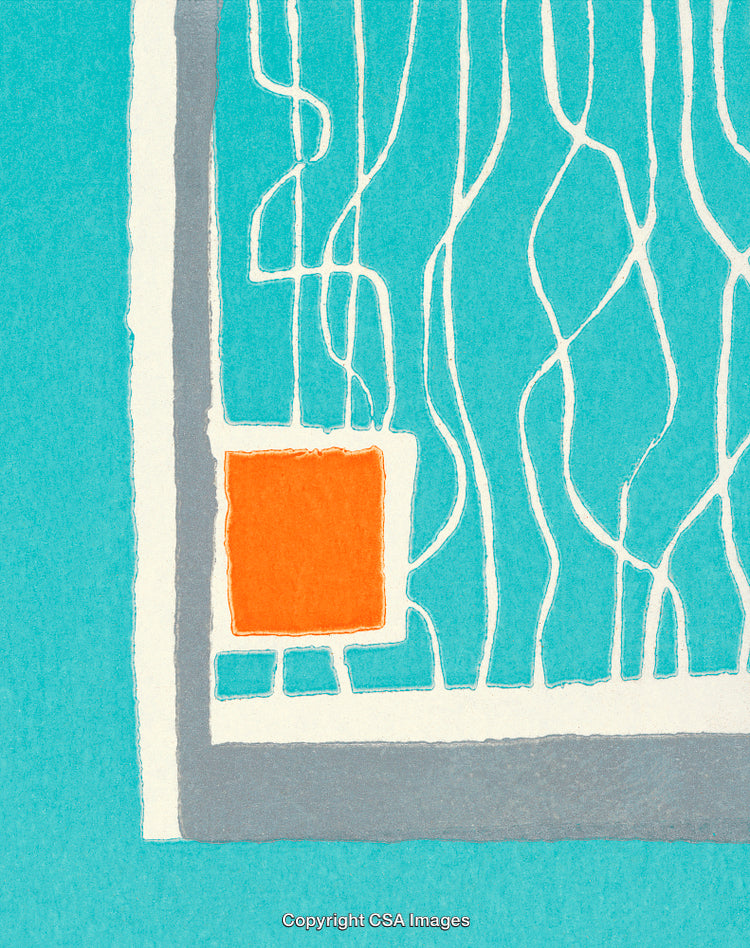 Abstract Geometric Art with Orange Square on Blue Wavy Background