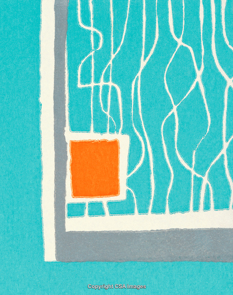 Abstract Geometric Art with Orange Square on Blue Wavy Background
