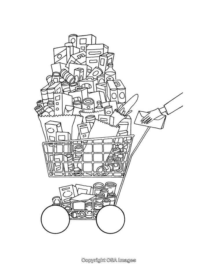 Black and White Line Art of Overfilled Shopping Cart Illustration