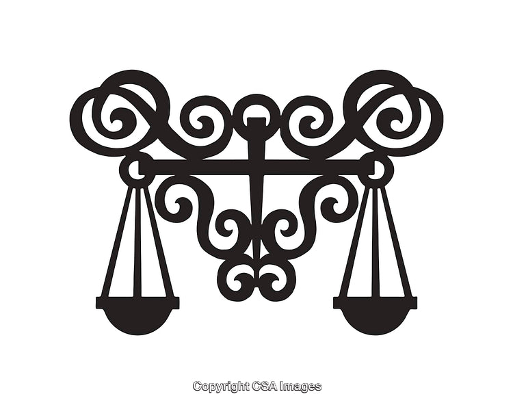 Intricate Black and White Scales of Justice Line Art Illustration