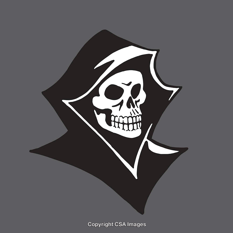 Illustrative Grim Reaper Skull with Cloaked Hood in Monochrome Style