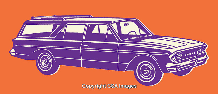 Retro Line Art Illustration of a Classic Station Wagon on Orange Background