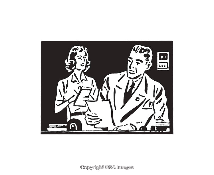 Vintage Black and White Illustration of Office Workers Collaborating at a Desk