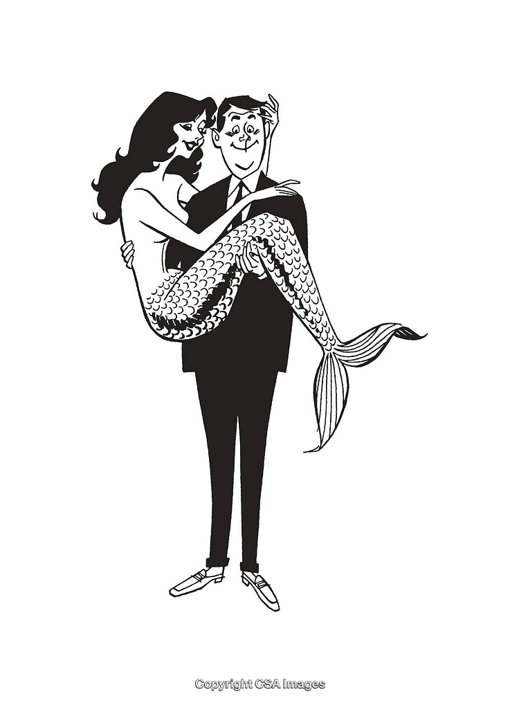 Line Art Illustration of a Man Carrying a Mermaid