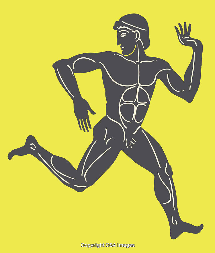 Classical Style Athletic Figure Running Against Vibrant Yellow Backdrop